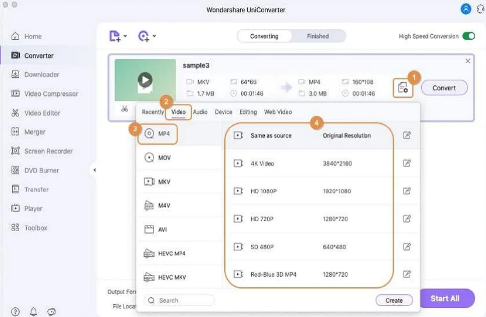  Select the MP4 file as MOV to the MP4 format.